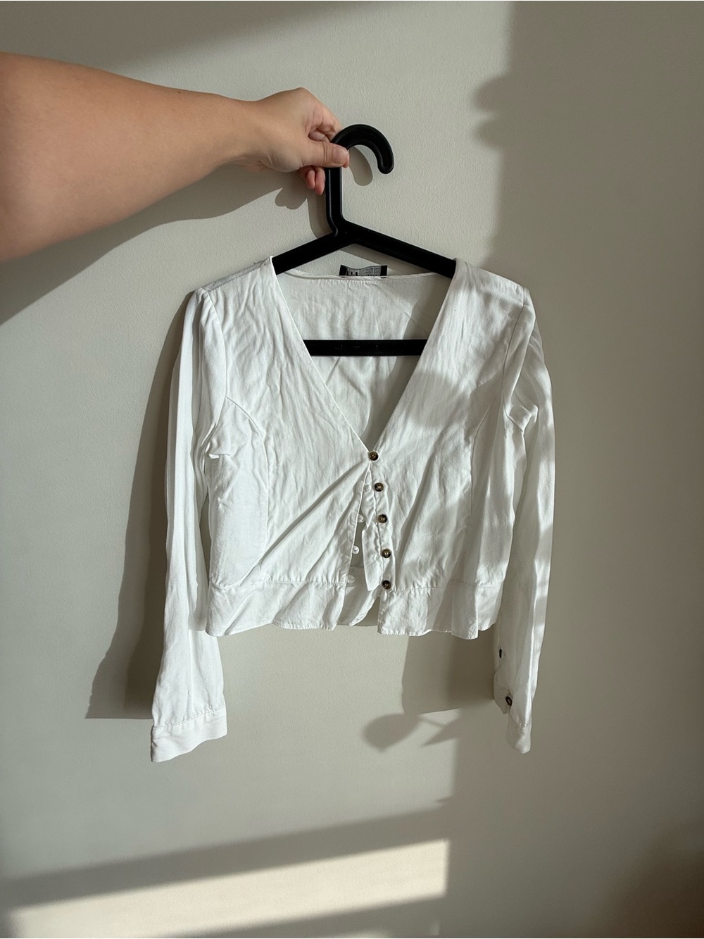 White Long-Sleeve V-Neck Button Front Women's Top